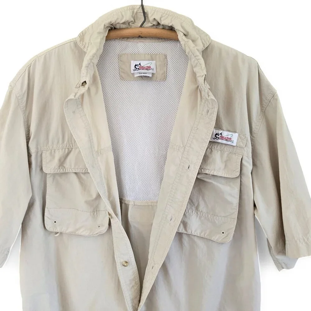 World Wide Sportsman Fishing Shirt Nylon Mesh Beige Short Sleeve Vented Size L - Picture 8 of 11